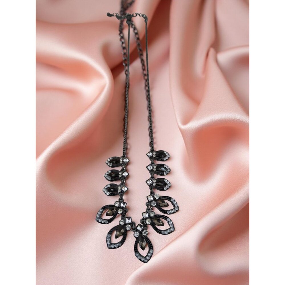 Vintage Black,Grey Metal Teardrop Shape Clear,Brown Glass Chrystals Necklace